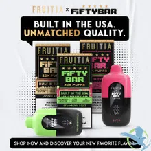 Fruitia x Fifty Bar 18ML 20K Puffs Disposable Device With Always Active Boost & Adjustable Airflow - Display of 5 (MSRP $19.99 Each)