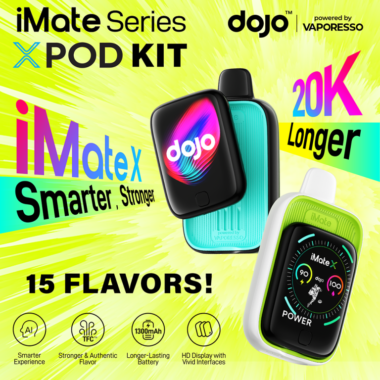 DOJO iMate X Powered By Vaporesso 20K Puffs 15ML Disposable Pod Kit With Sliding Hub & HD LCD Screen – Display of 5