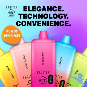 Fruitia x Fume Vapes By QRJOY 18ML 8000 Puffs 700mAh Prefilled Nicotine Salt Rechargeable Disposable Device With Mesh Coil & LED Power Display - Display of 10