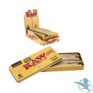 RAW Classic Pre-Rolled 1 1/4 Size Cones - 8 Cones Per Tin - Display of 12 Tins