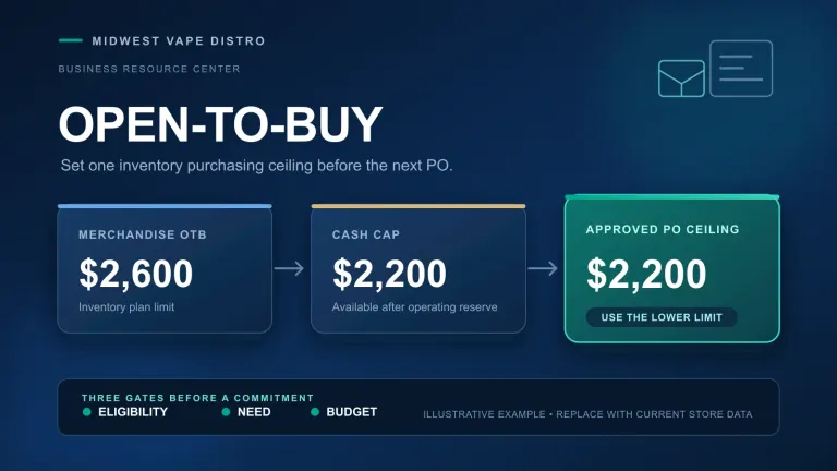 Open-to-buy example comparing a 2,600 dollar merchandise plan with a 2,200 dollar cash cap and approved purchase order ceiling