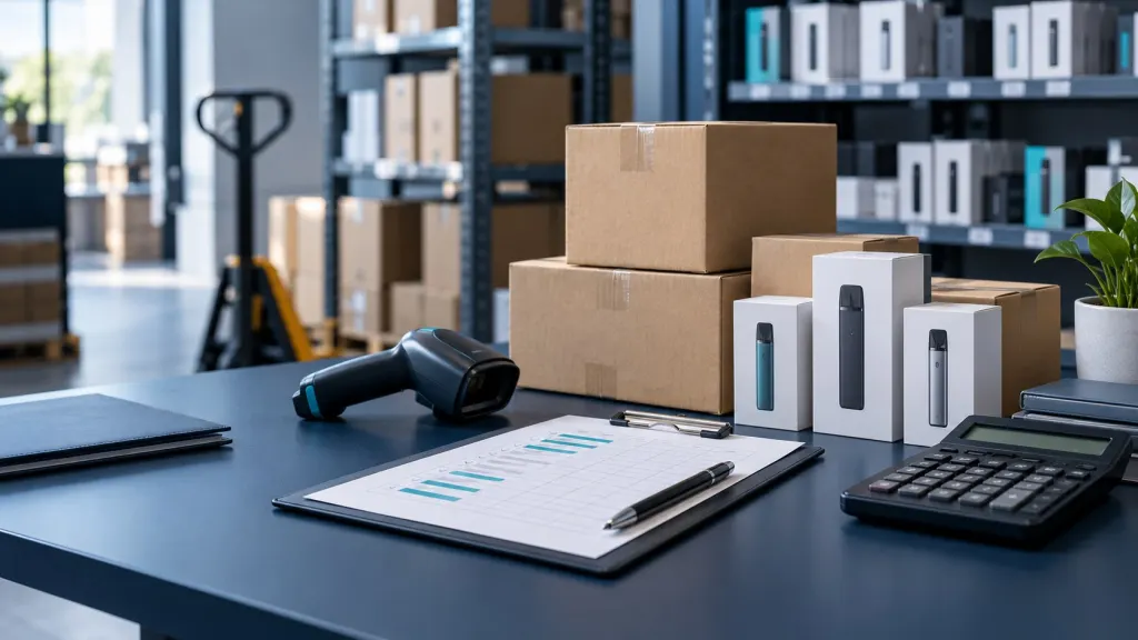 Wholesale inventory planning desk with cartons, barcode scanner, calculator and order worksheet